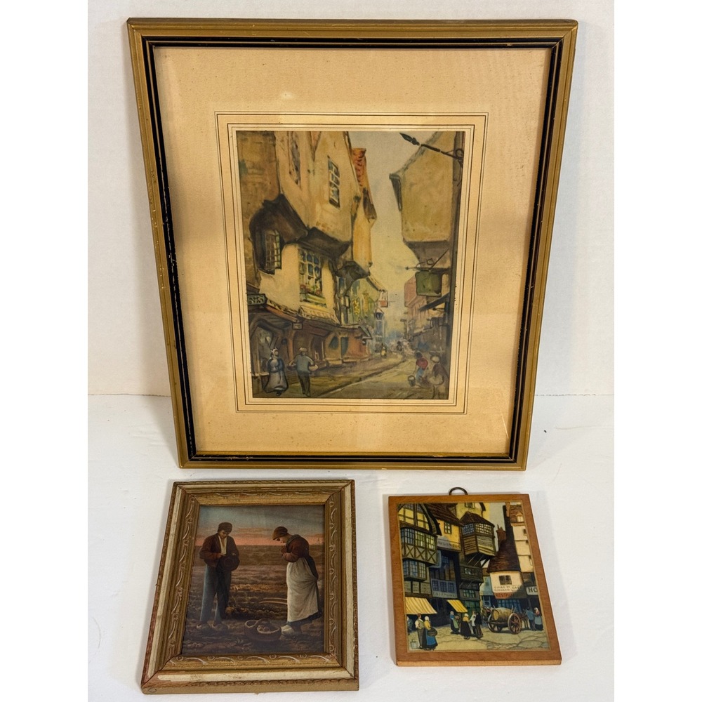 Vintage European Street Scene Art Set Framed Prints & Wood Plaque 3 Piece Lot